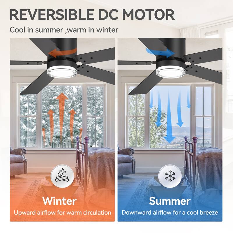 52" Reversible 5-Blade Flush Mount Ceiling Fan with LED Light and Remote