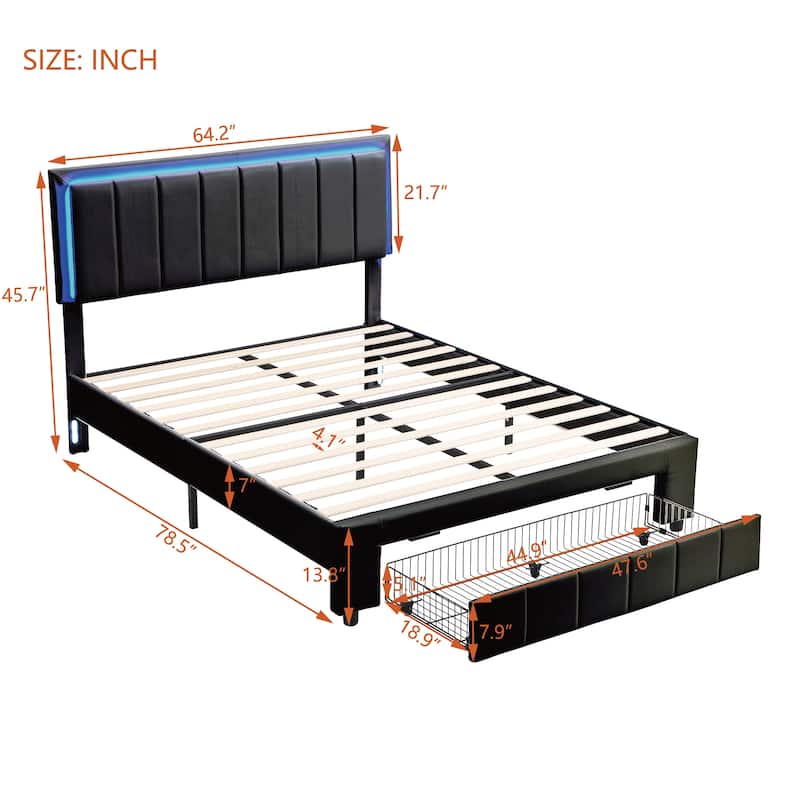 Queen Size Upholstered Platform Bed LED Light Theme Bed, Bed Frame
