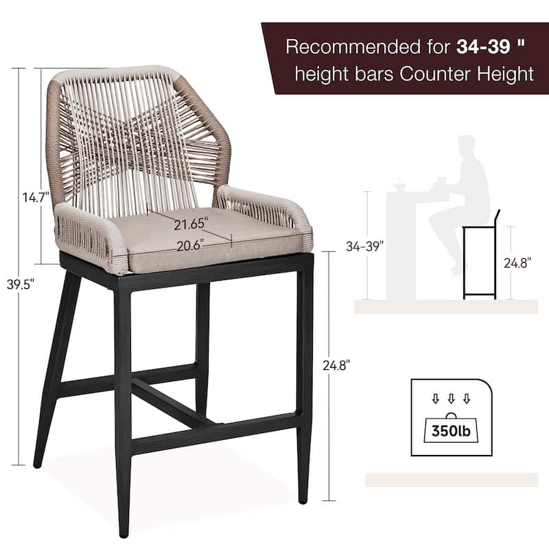 Counter Height Bar Stools Set of 2 Boho Rope Counter Height Bar Stools Rattan Woven Aluminum Modern Barstools