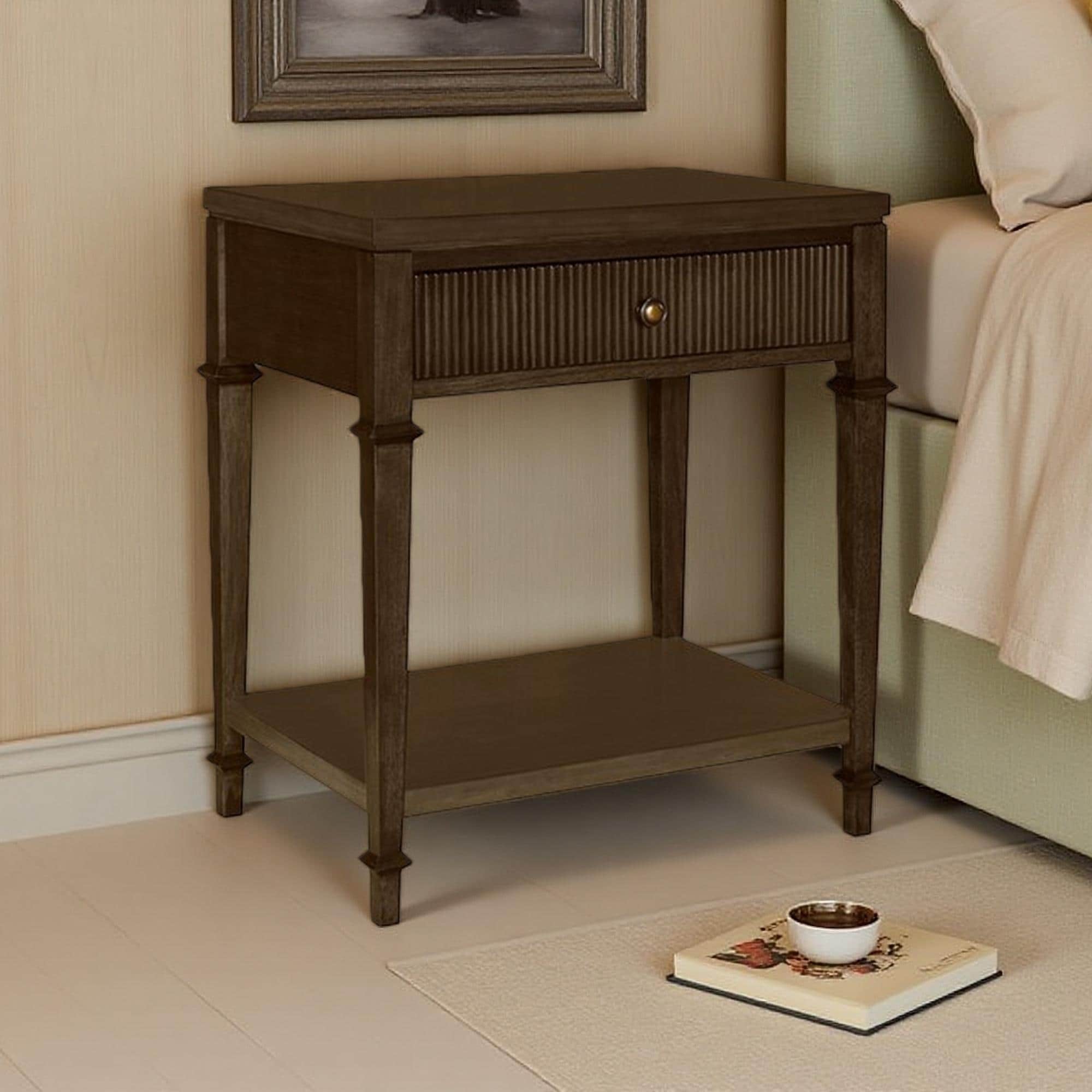 22"L Solid Wood & MDF 1-Drawer Nightstand with Fluted Drawer Front, Lower Shelf, Tapered Legs