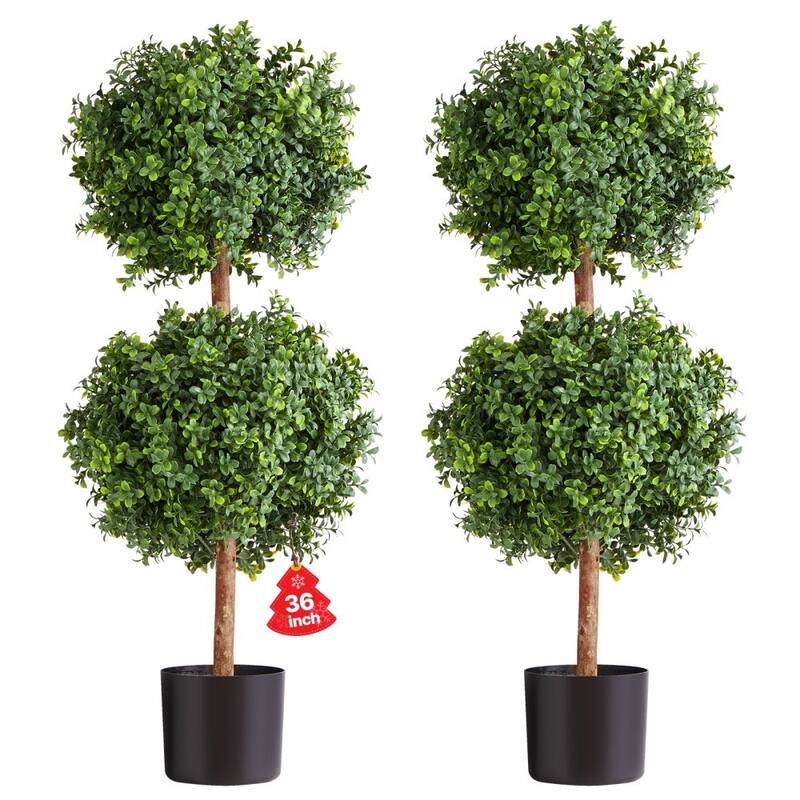 Set of 2 Artificial Topiary Trees 36" Faux Eucalyptus Plants with Real Wood Trunks, Weather-Resistant PE Leaves