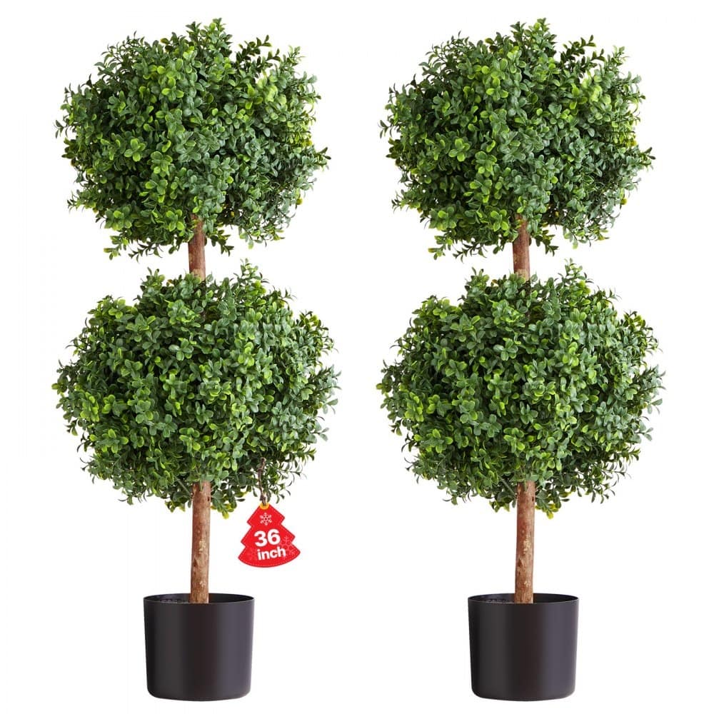 Set of 2 Artificial Topiary Trees 36" Faux Eucalyptus Plants with Real Wood Trunks, Weather-Resistant PE Leaves