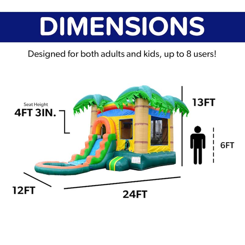 HeroKiddo Tropical Forest Commercial Grade Inflatable Bounce House & Water Slide Combo with Attached Pool & Air Blower for Kids