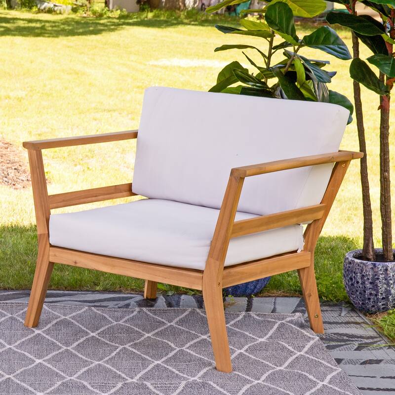 Sunnydaze Bodie Acacia Armchair with Cushions - Club Chair for Patio - Bone White Cushions - Set of 2