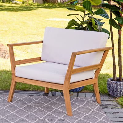 Sunnydaze Bodie Acacia Armchair with Cushions - Club Chair for Patio - Bone White Cushions - Set of 2