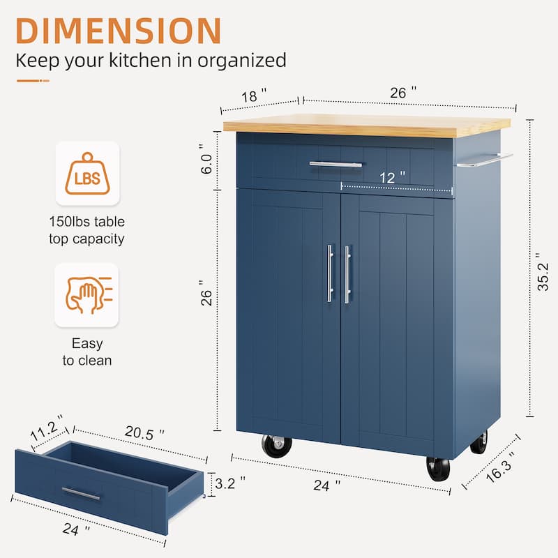 Rolling Kitchen Island with Storage Cabinet & Drawer – Extra Counter Space for Kitchen