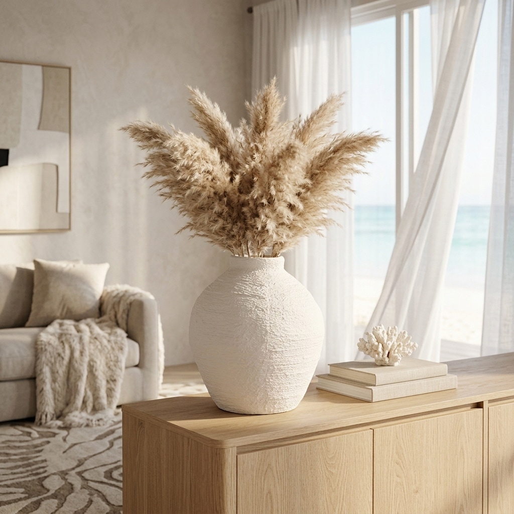 Decorative Vase - White Ceramic Woven Textured Coastal, 7 in