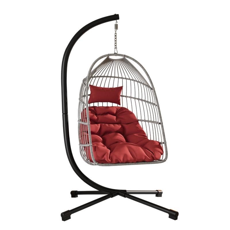 Hanging Egg Chair with Stand - Patio Swing Seat, Space-Saving Design - Grey+Red