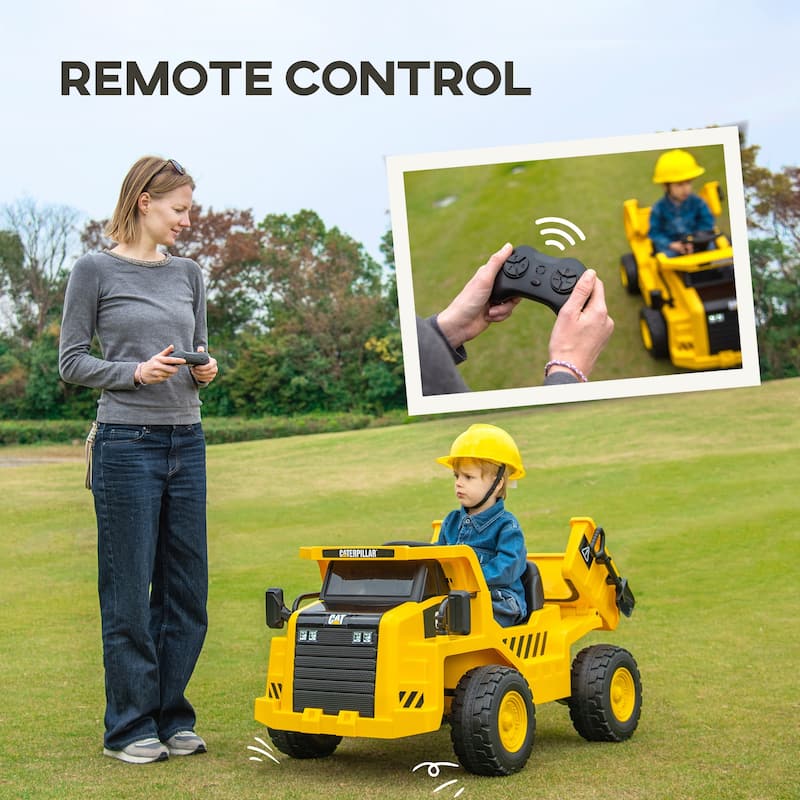 12V Caterpillar Ride-On Dump Truck with Parental Remote, Music, Bucket & Shovel for Kids 3-6