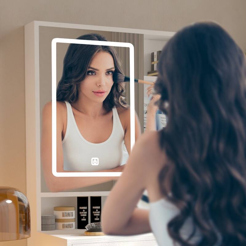 Make Up Vanity with LED Lights and Openable Mirror, Rattan Vanity Desk with 4 Drawers, 1 Cabinet and Storage Shelves for Bedroom