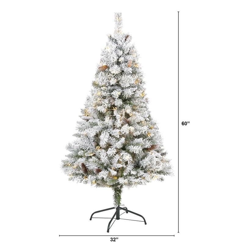 5' Pre-Lit Flocked Artificial Christmas Pine Tree, Clear LED Lights - 5 Foot