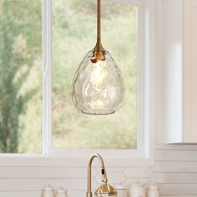 Modern 1-Light Brass Gold Pendant Light with Textured Glass for Kitchen Island
