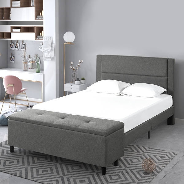 Copper Grove Krolevets Upholstered Grey Platform Bed with Cushioned Headboard and Storage Ottoman. Opens flyout.