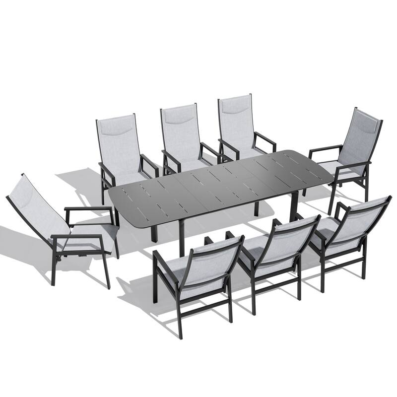 9-PC Outdoor Patio Aluminum Dining Sets Rectangular Expandable Table with Adjustable Dining Chairs - Table-Black&Chairs-LightGrey