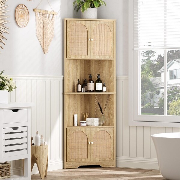 67'' Tall Corner Cabinet with Rattan Doors, Rattan Storage Cabinet