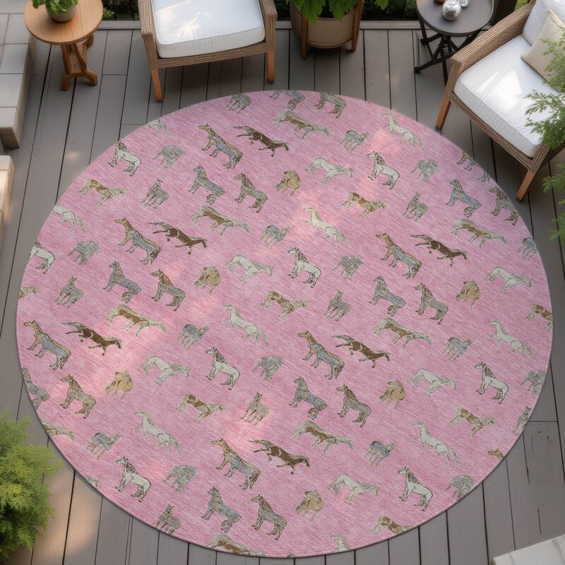 Machine Washable Indoor/ Outdoor Horses Chantille Rug - Blush - 8' x 8'