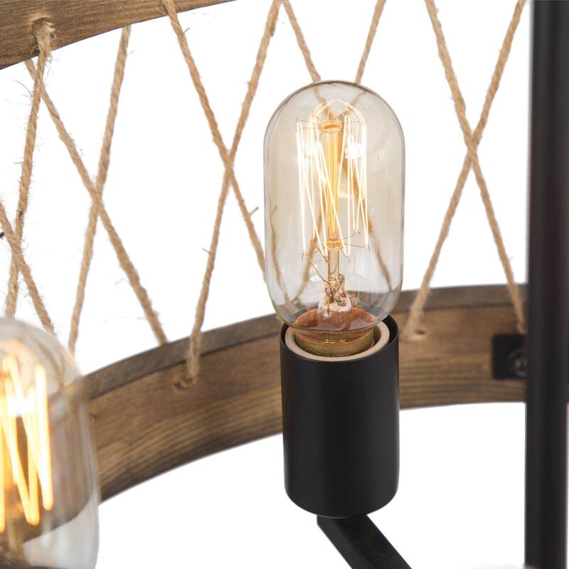 Modern Farmhouse 5-Light Wood Drum Black Metal Rustic Chandelier for Dining Room