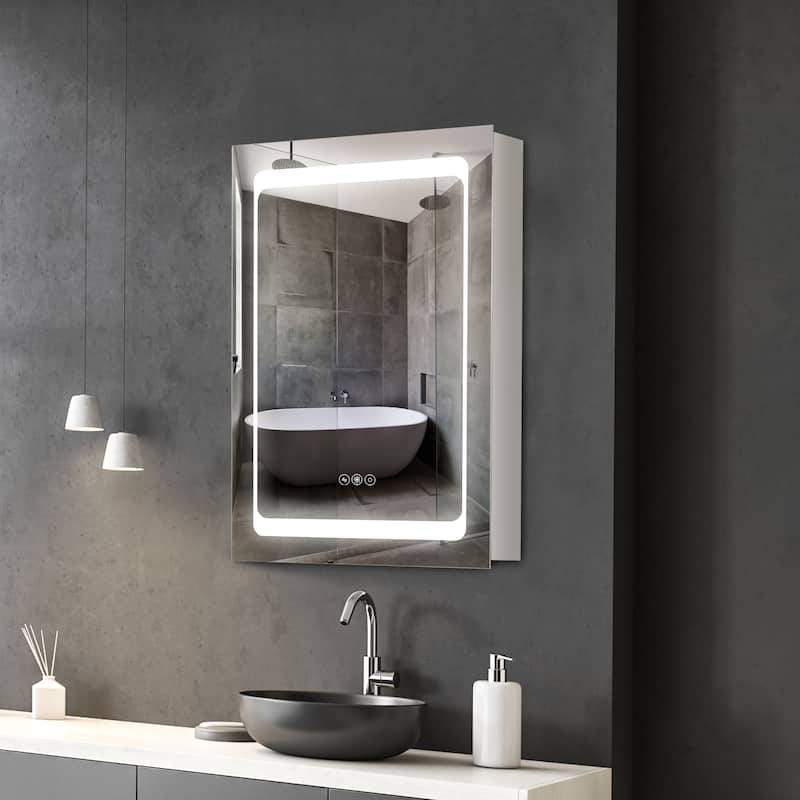 Silver LED Bathroom Mirror Cabinet with Touch Control Three Shelves and Wall Mounted Design - 19.75" W x 5" D x 27.5" H