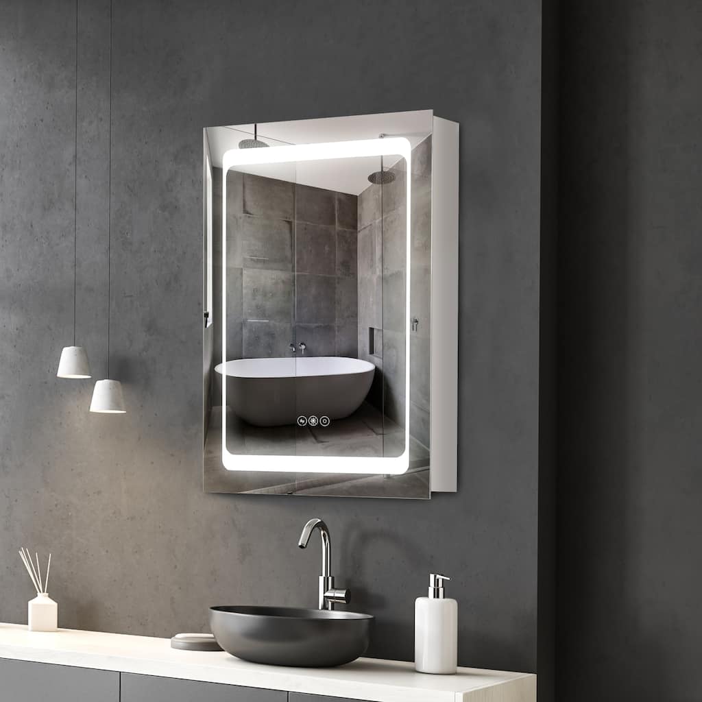 Silver LED Bathroom Mirror Cabinet with Touch Control Three Shelves and Wall Mounted Design - 19.75" W x 5" D x 27.5" H