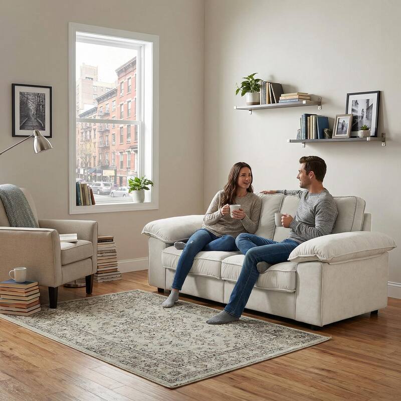 Roomfitters Modern Overstuffed Upholstered Sofa with Hidden Storage and Padded Arms, Comfy Loveseat for Small Space