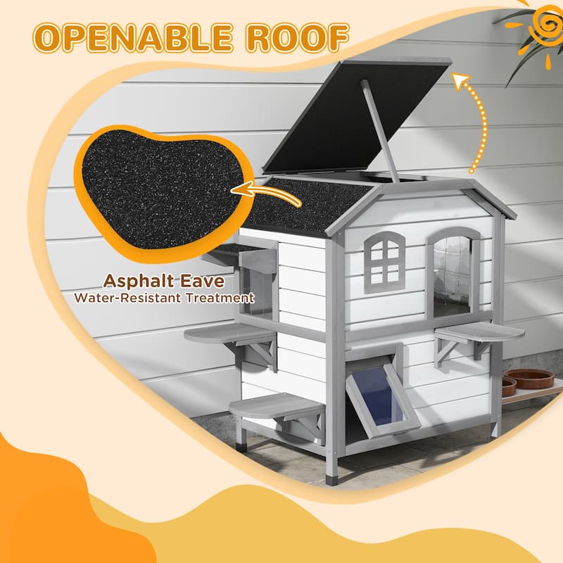 PawHut Fir Wood 2-Story Outdoor Cat House, Wooden Feral Cat Shelter with Openable Asphalt Roof for Indoor/Outdoor, White / Grey