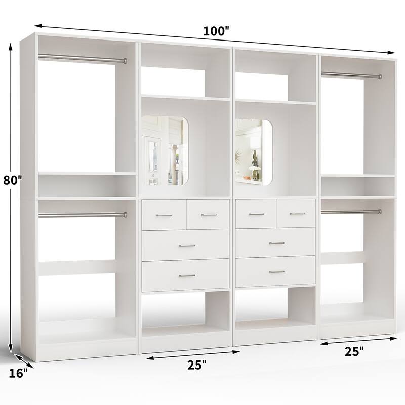 Set of 4 Closet System with 4 Drawer and Hanging Rods, Freestanding Closet Organizer with Storage Shelves