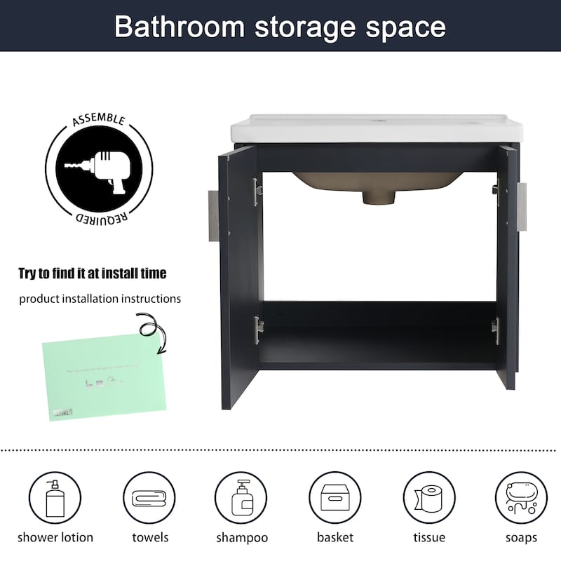 Malwee 24"/28" Floating Bathroom Vanity, Wall Mounted Bathroom Vanity with Ceramic Sink and Soft Close Door