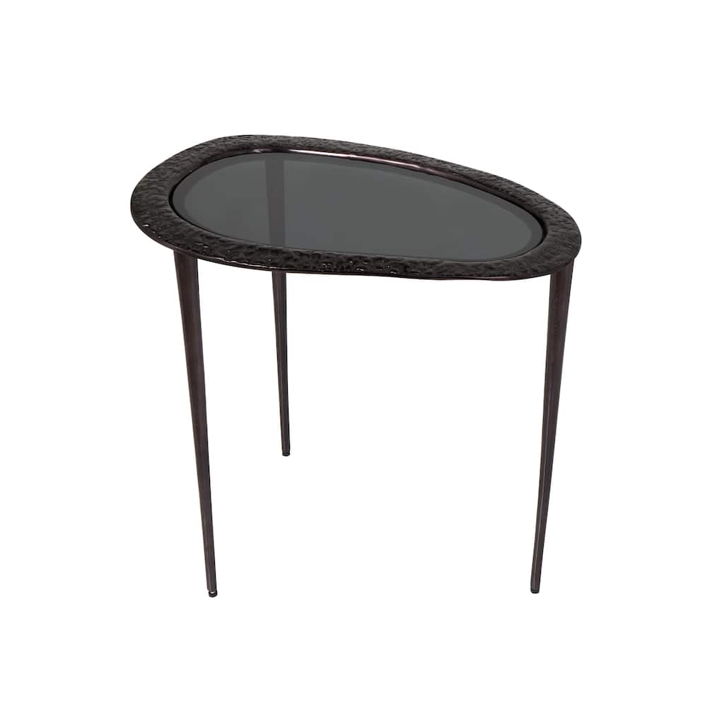 Aluminum Metal Abstract Oval Shaped Side End Table with Shaded Glass Top and Detailed Engravings - Black - Roche River Decor