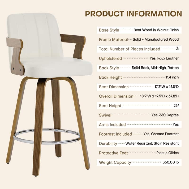 Upholstered Wood Swivel Counter Height Barstool with Arms