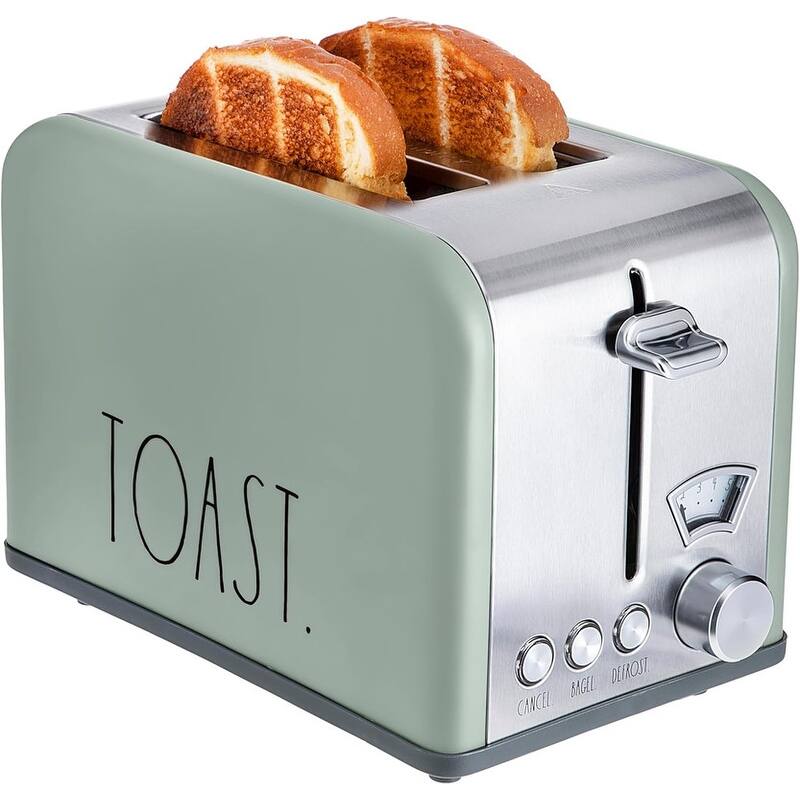 Rae Dunn Toaster, Stainless Steel 2 Slice Square Toaster, Wide Slot with 5 Browning Levels, with Bagel, Defrost - Sage