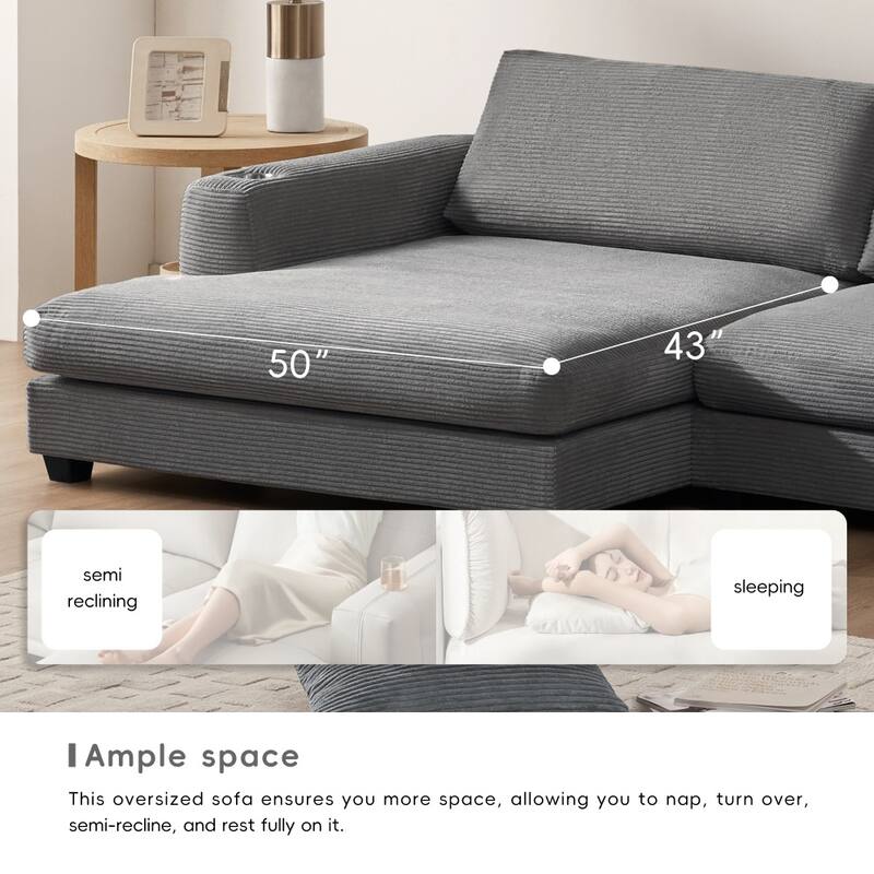 134" Oversized Corduroy Sectional L-shaped Cloud Sofa with USB Charging Port and Cup Holder