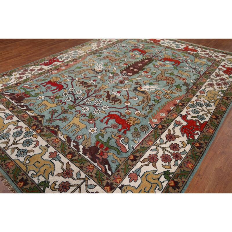 Animals Hunting Design Ziegler Indian Area Rug Handmade Wool Carpet - 8'11" x 11'10"