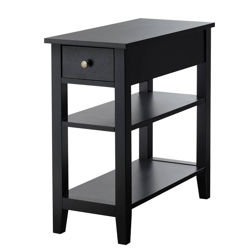 3-Tier End Table with Drawer Slideway and Double Shelves - Black
