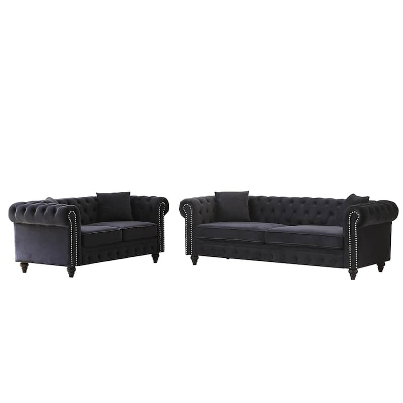 Nailheads Accent Velvet Button Tufted Chesterfield Sofas Set with Deep Seat Loveseat and 3 Seater Lounge Couch for Living Room