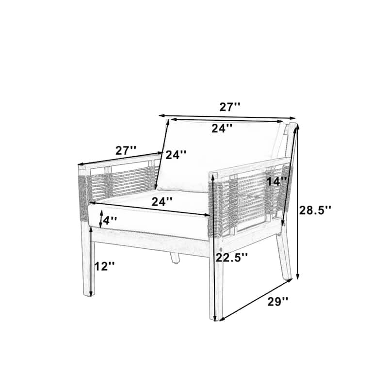 Roomfitters Set of 2 Patio Club Chairs, Outdoor Wood Lounge Chair with Upholstered Cushions, Rope Weave, Teak+ Beige