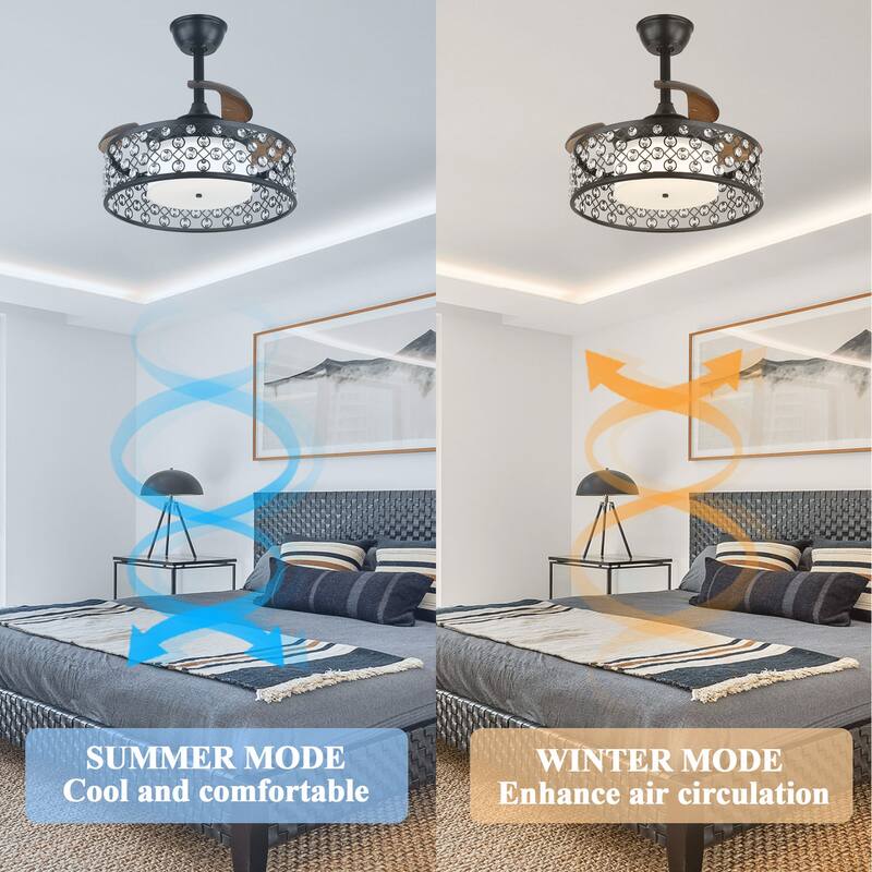 Cusp Barn 22" Retractable Ceiling Fan with Lights and Remote, Modern Crystal 6 Speeds Enclosed Ceiling Fans for Bedroom