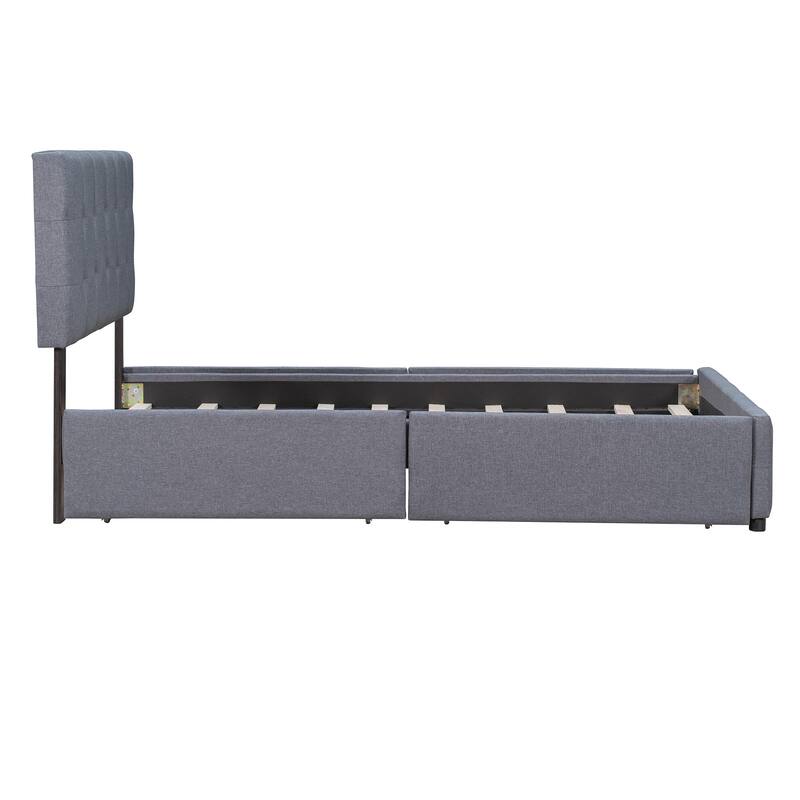 Dark Grey Tufted Design Upholstered Bed Queen Size Platform Bed with 4 Storage Drawers, No Box Spring Needed Slats Bed Frame