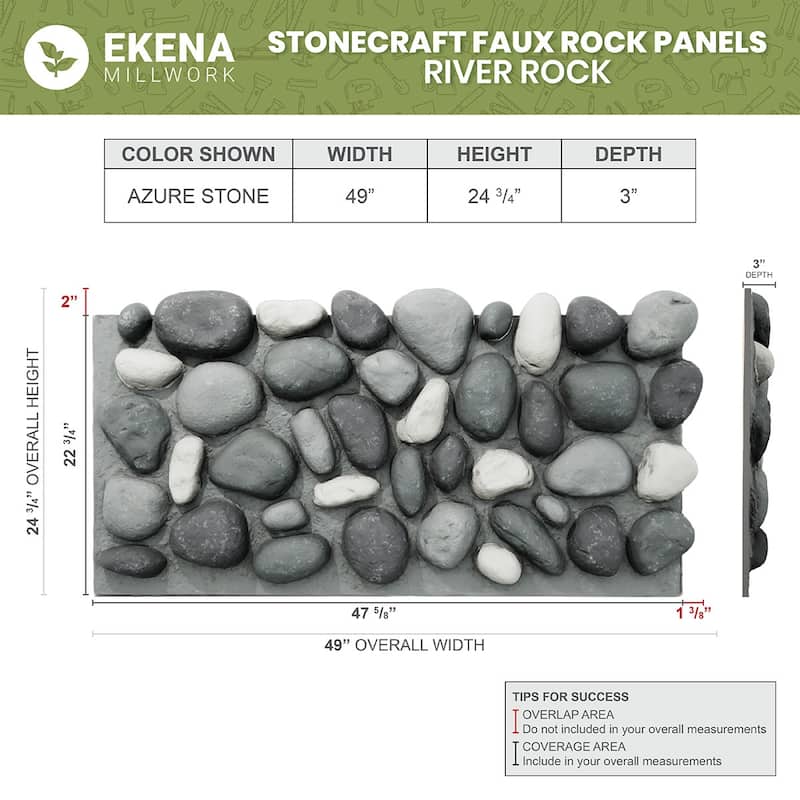 EverStone River Rock Faux Rock Panel, 49"W x 24 3/4"H x 3"D