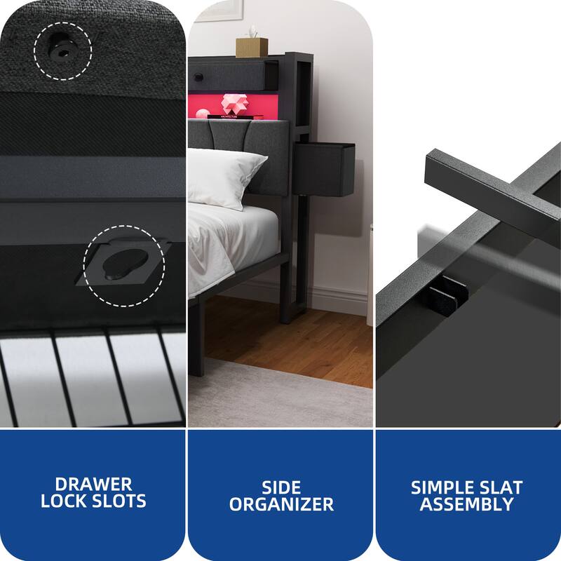 Moasis Linen Upholstered Platform Bed, Bed Frame with Hidden Storage Headboard and Charging Station