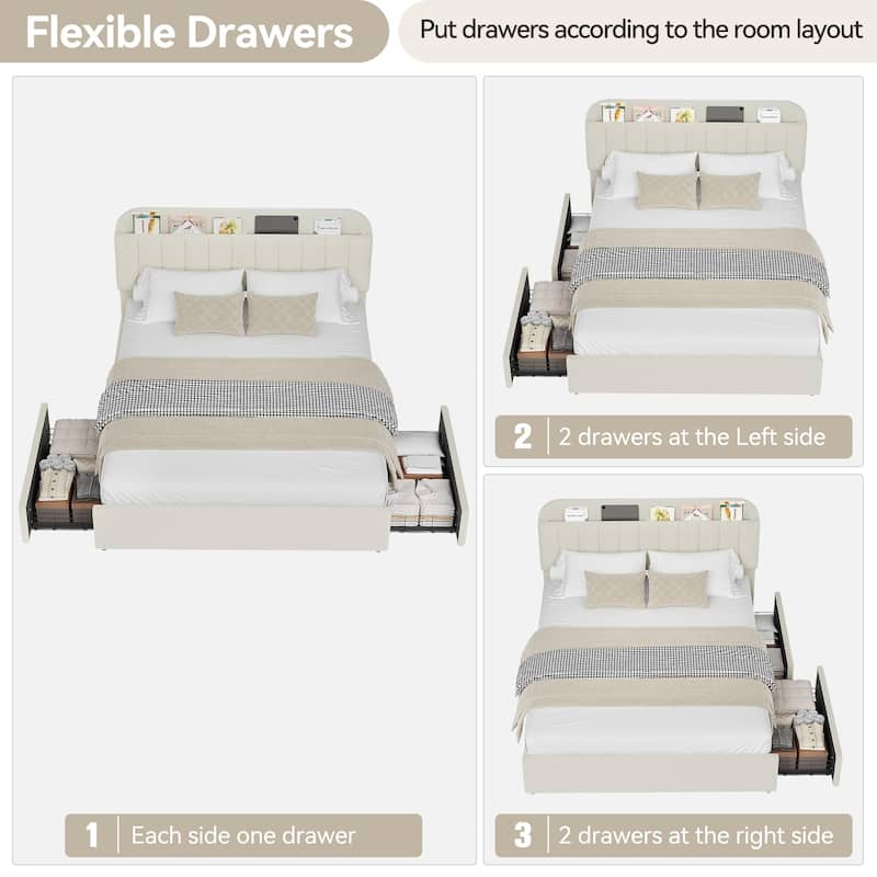 Twin XL/Queen Bed Frame with 2 Flexible Drawers and Bookcase Headboard, Boucle Upholstered Platform Bed for Boys/Girls