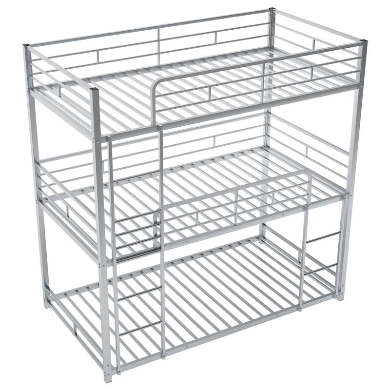 Metal Twin Size Triple Bunk Bed - Sturdy, Space-Saving Design, Full-Length Guardrails, Black/Grey