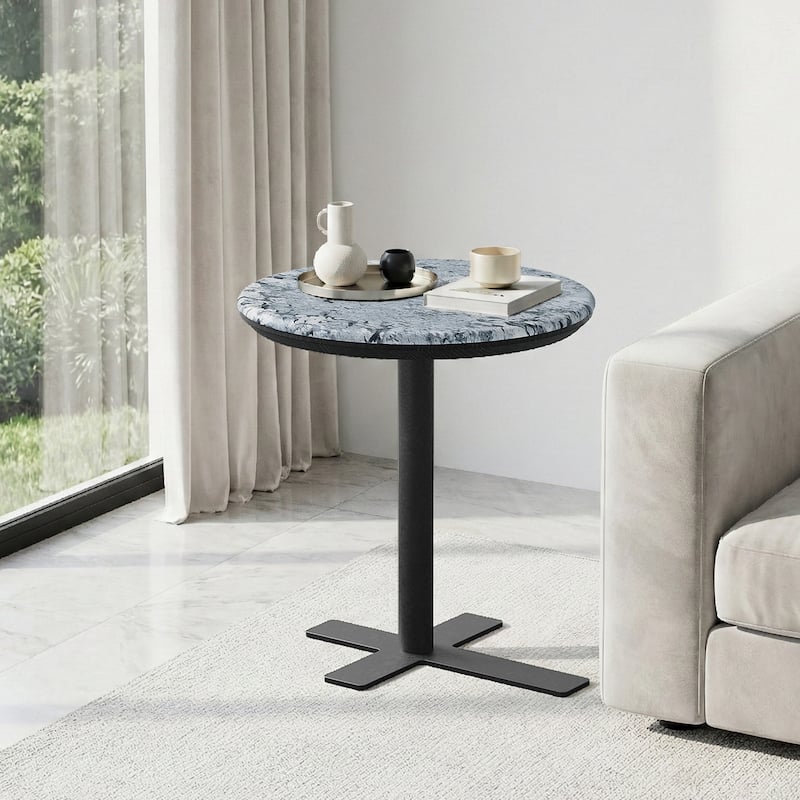 Modern Round Accent Side Table - Natural Crystal Stone Tabletop with Black Metal X-Base