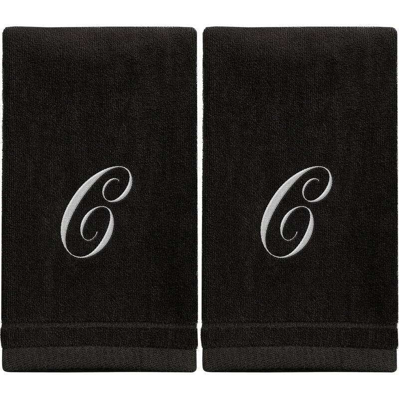 Monogrammed Black Towels Fingertip Embroidered with Initials - C