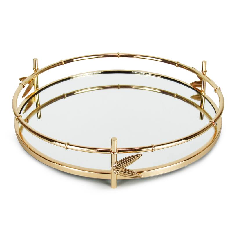 Gold Bamboo Style Round Metal Mirror Decorative Tray Serving Platter