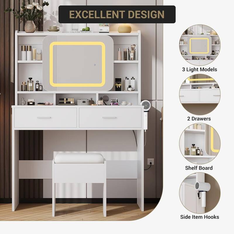 2 Drawer Vanity Desk Makeup Table with Charging Station, Storage Shelves