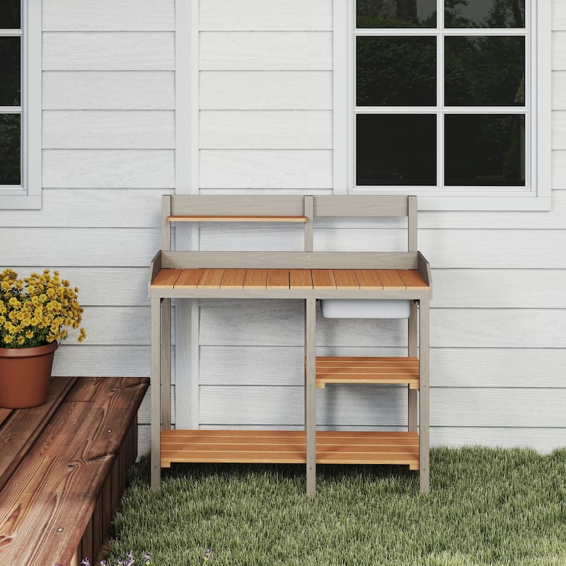 Outdoor Potting Bench, Wooden Workstation Table with Cabinet for Backyard Garden Supplies