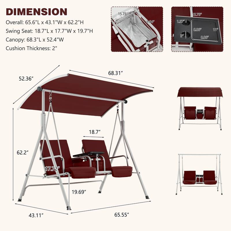 Outdoor Swing with Stand, Canopy, Pivot Table & 2 Cup Holders - Patio, Balcony, Bedroom