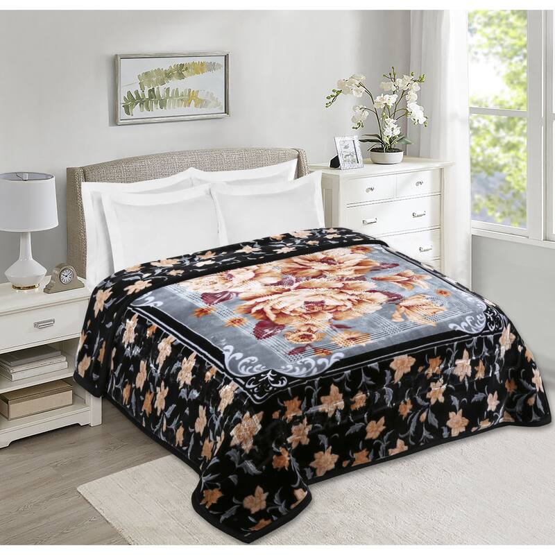 Empyrean Velvet 2 Ply Heavy Reversible Printed Raschel Blanket - King - Black Gray Floral