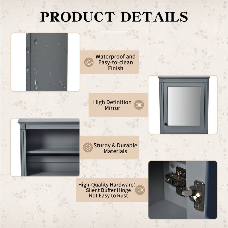 24" Wall Mounted Bathroom Storage Cabinet with Mirror, Over the Toilet Space Saver Medicine Cabinet