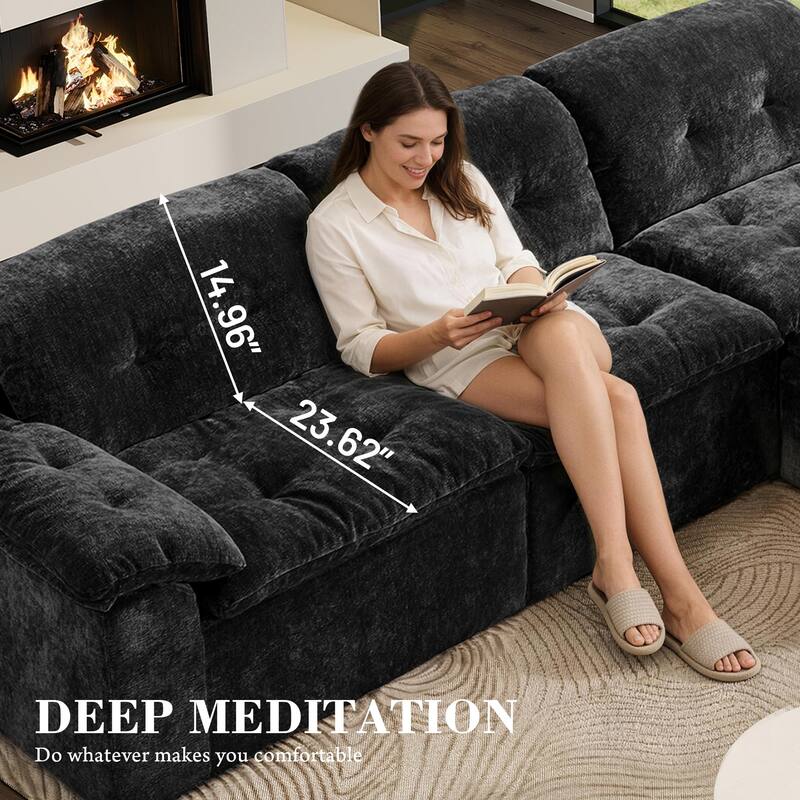 Rossetta L-Shaped Modular Chenille Cushioned Extreme Comfort Sofa with Detachable Backrest and Armrests, 1 Removable Ottoman